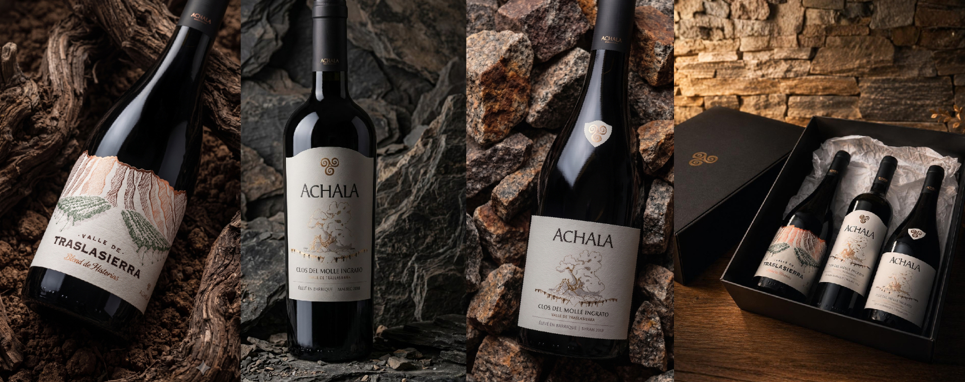 Colección Achala — Valle de Traslasierra, Clos del Molle Ingrato Malbec y Syrah, y estuche oficial
