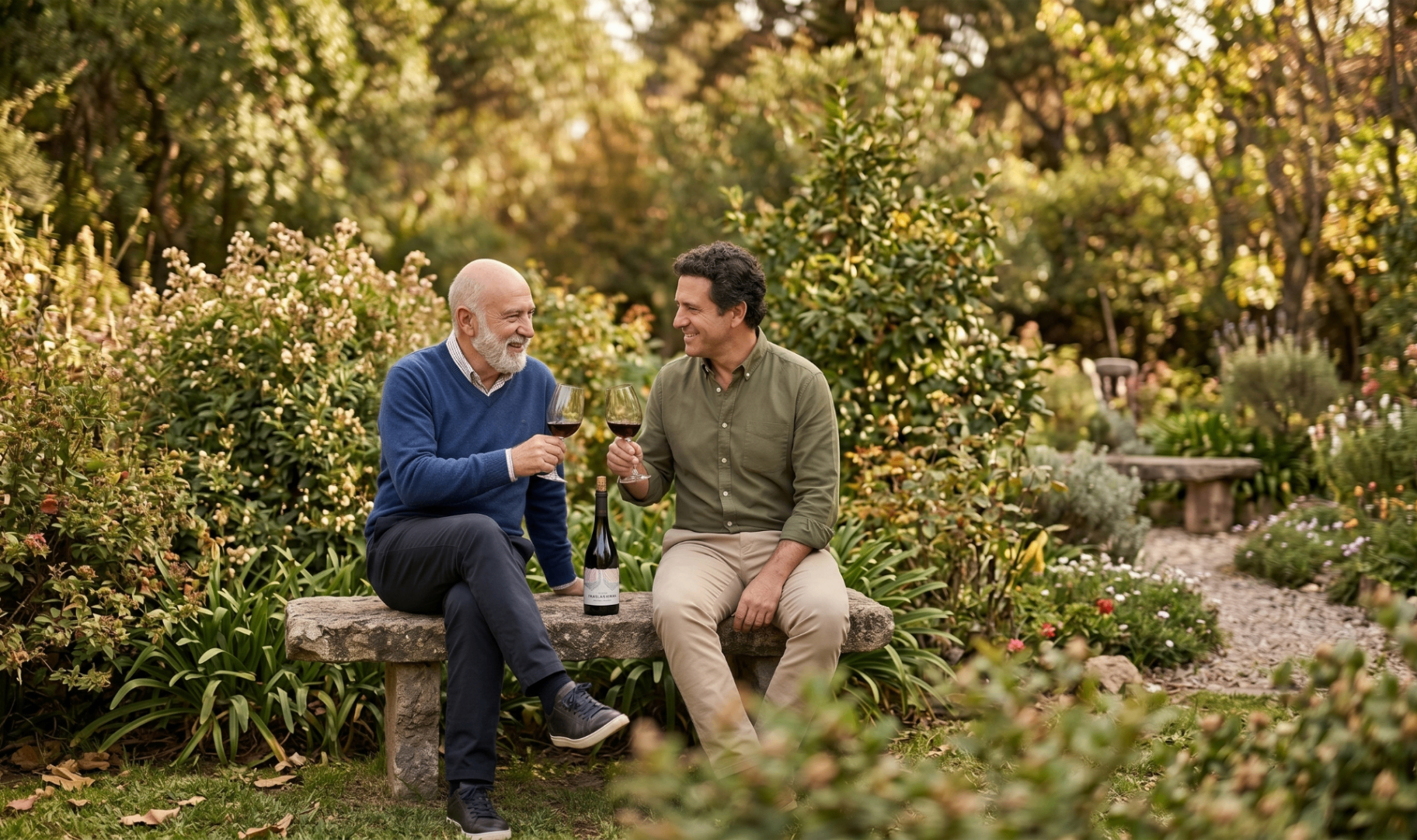 Padre e hijo brindando con Achala en el jardín